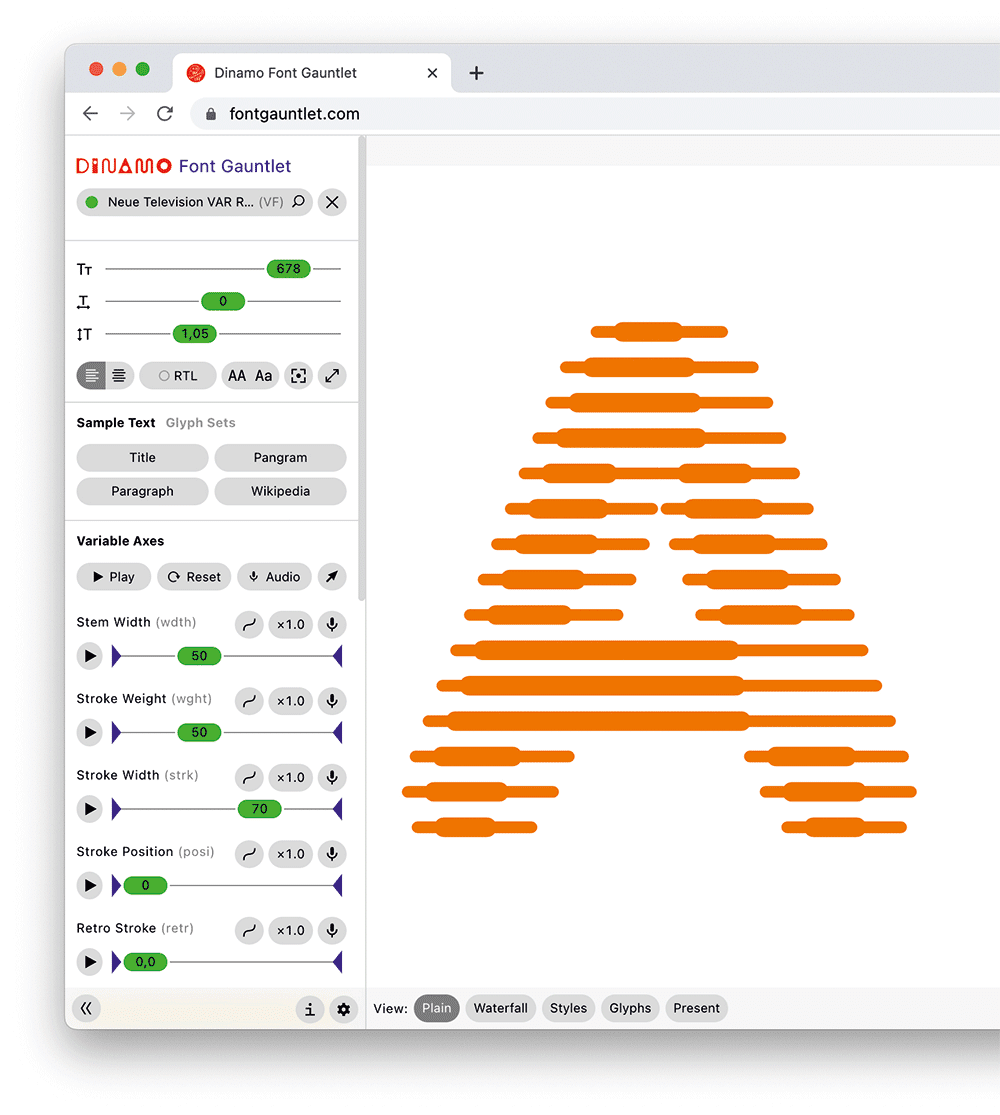 Variable Font »Neue Television«: Test-Tool Font Gauntlet
