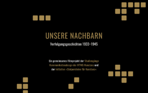 Das Titelbild für einen Flyer über die Holocaust Gedenkveranstaltung »Unsere Nachbarn« in Konstanz. Darauf sind kleine, goldfarbene »Stolpersteine« als Gestaltungselement eingesetzt