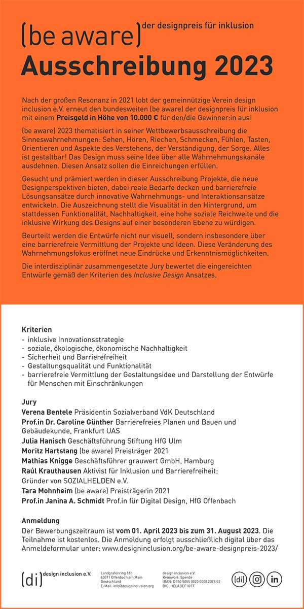 Der Flyer für die Aussschreibung zum be aware Designpreis. Alle Informationen gibt es auch auf der website des design inclusion e.V.