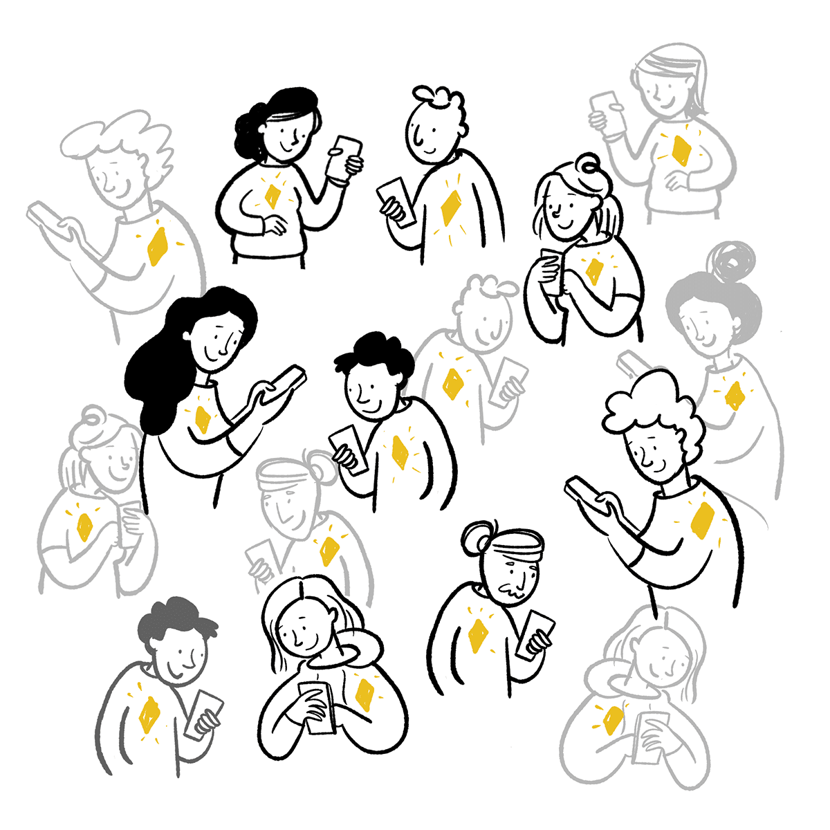 Eine illustration mehrerer Menschen, die einen gelben Stein im Herzen tragen und lächelnd auf ihre handys schauen