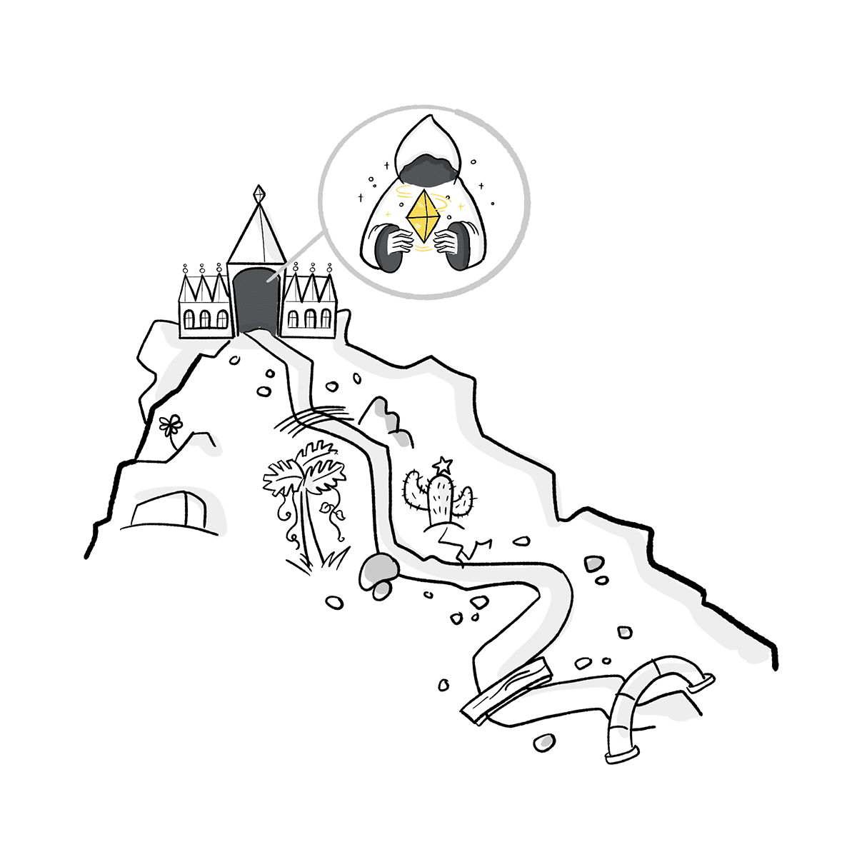 Eine illustration eines Berges mit einem Tempel darauf, in dem eine perosn mit Kapuze sitzt und den gelben stein hält