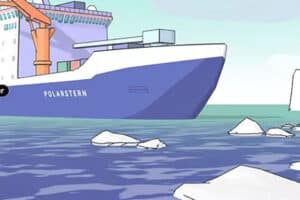 Ein Schiff im Graphic Novel Stil ankert in der Arktis