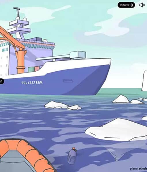 Ein Schiff im Graphic Novel Stil ankert in der Arktis