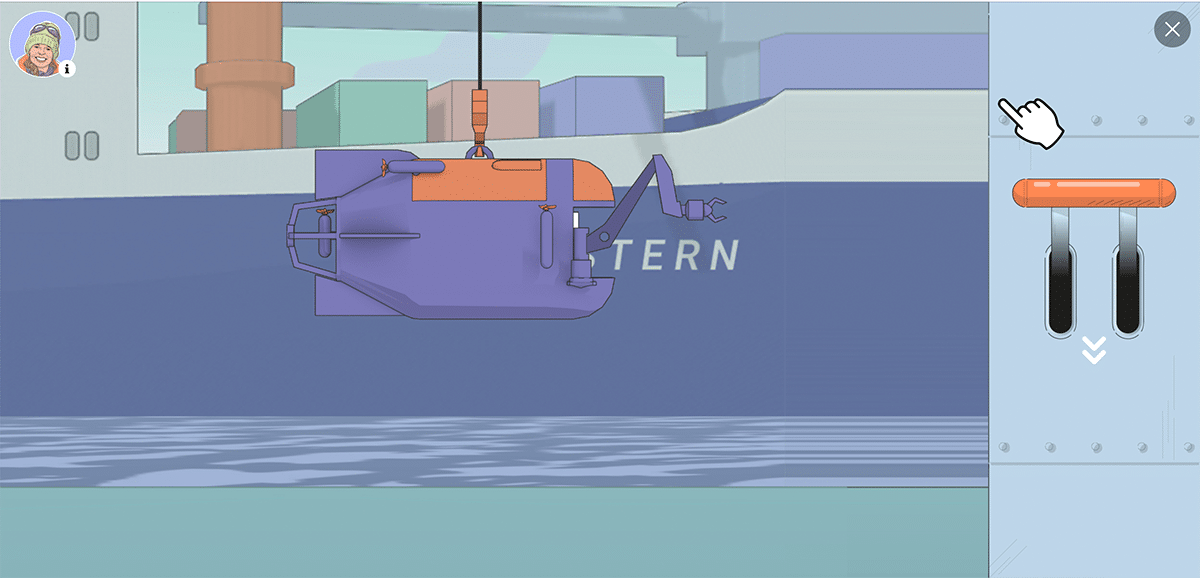 Ein illustriertes Boot hinter einem Tauchroboter