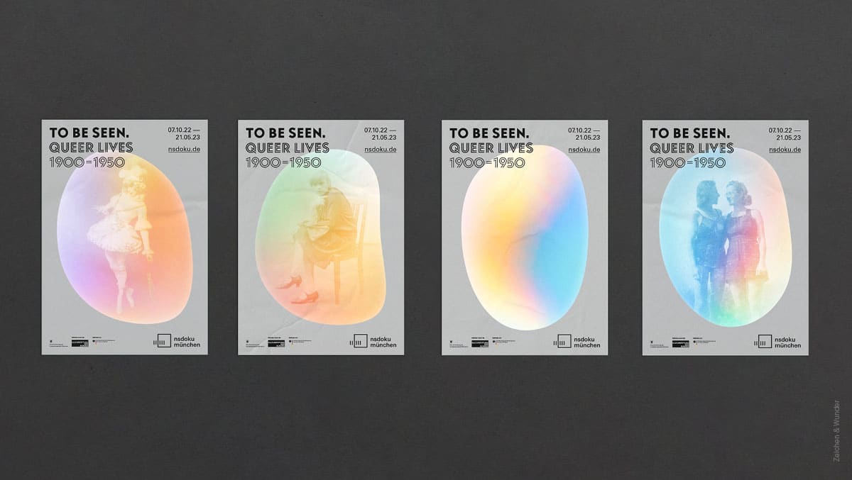 Vier Plakate mit verschiedenen portraits in blasenförmigen Regenbogenverläufen