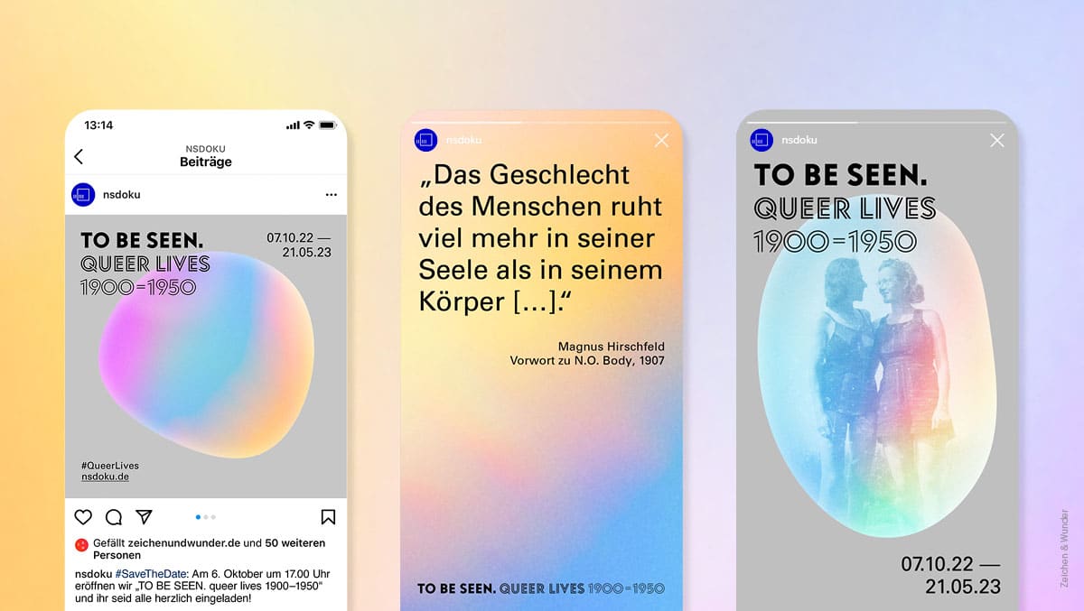 Drei social media screens mit Zitaten aus der Ausstellung und Regenbogenblasen