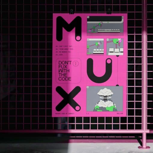 Ein Plakat mit dem MUX Logo auf pinkedm Grund und verschiedenen Screenshots aus einem Interface