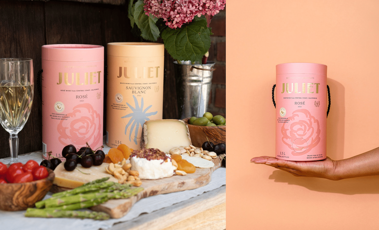 Juliet Wine Packaging Design, Weinboxen auf Tisch und im Vergleich zur Handgröße