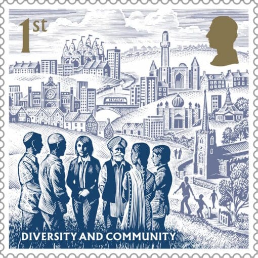 Briefmarke des Briefmarkensets zu der Krönung von King Charles: Motiv Diversity and Community