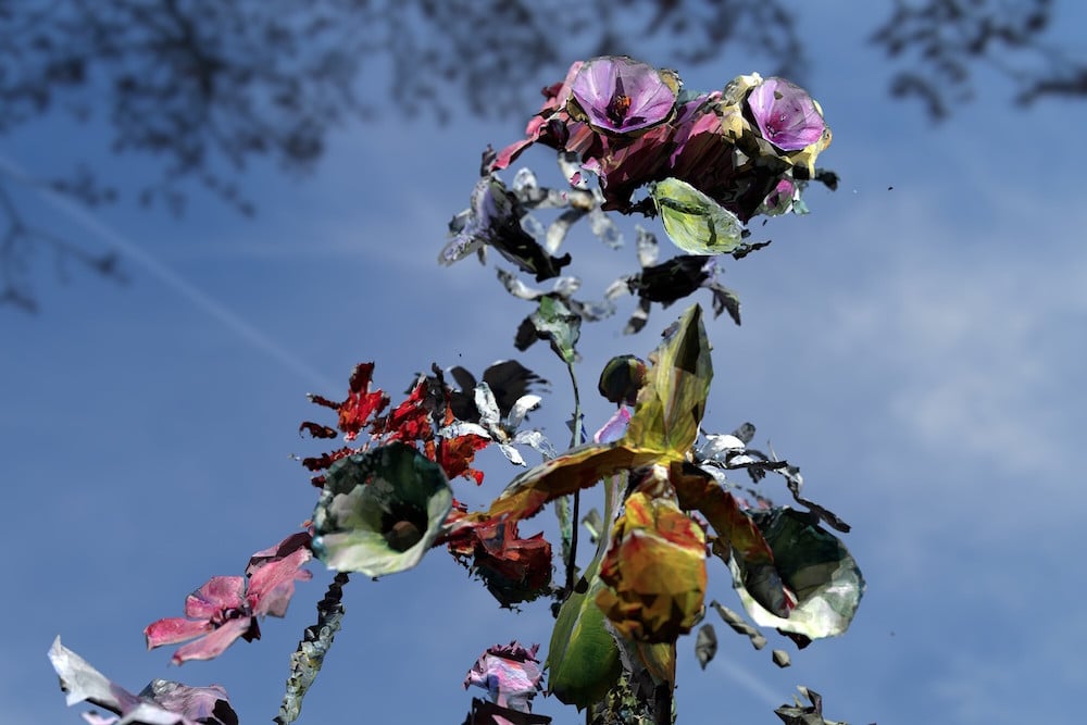 Augmented Reality Biennale in Düsseldorf mit AR Blumen vor blauem Himmel
