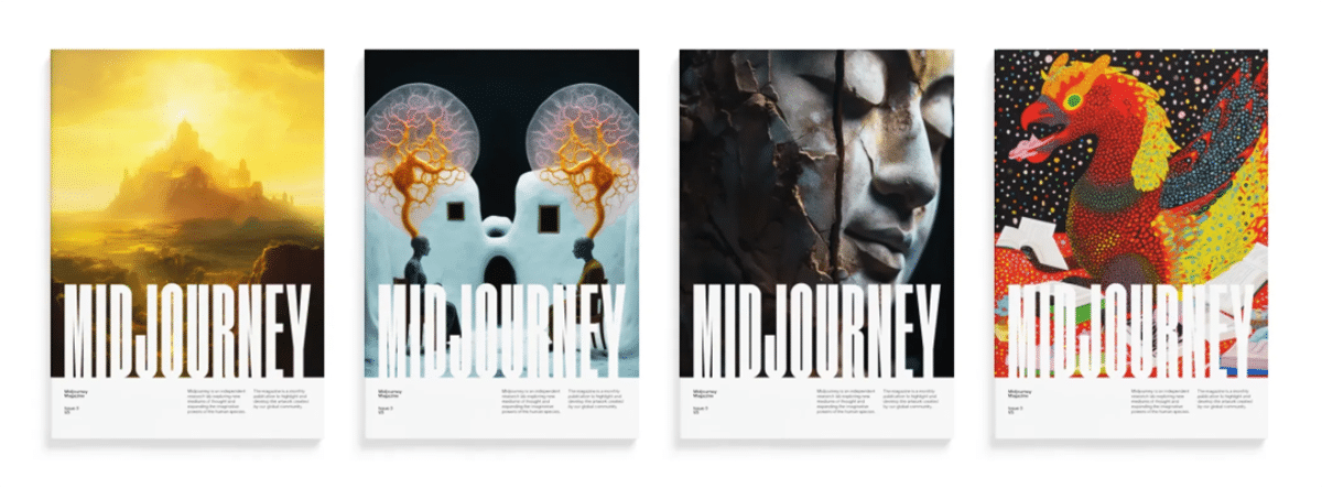 Die vier Cover der ersten Midjourney Mag ausgaben nebeneinander