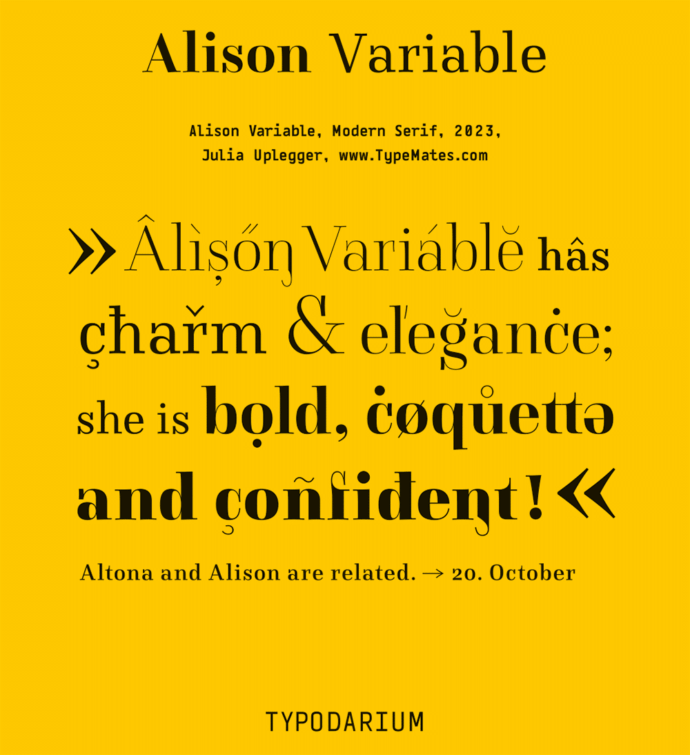 Alle Schnitte des Alison Variable Font auf einer Grafik vor gelbem Hintergrund