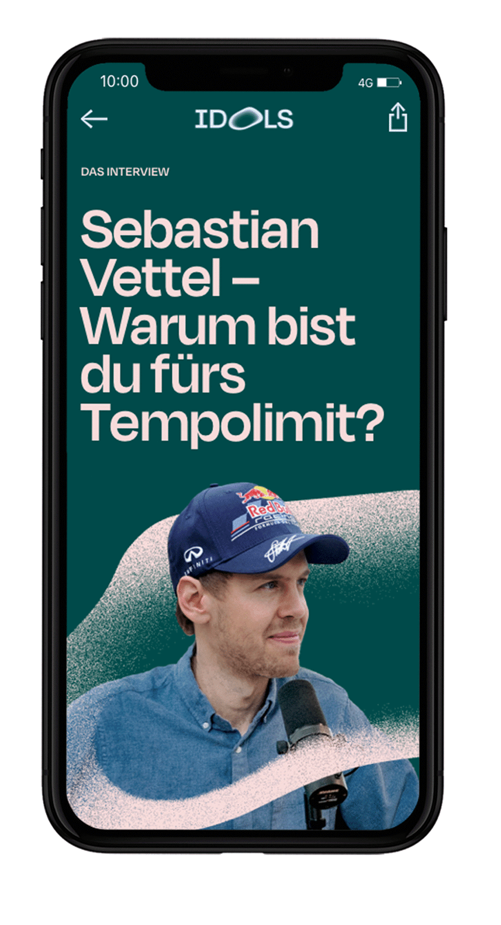 Mobile Ansicht des Web-Magazins Idols. Artikelaufmacher zum Interview mit Sebastian Vettel zum Thema Tempolimit
