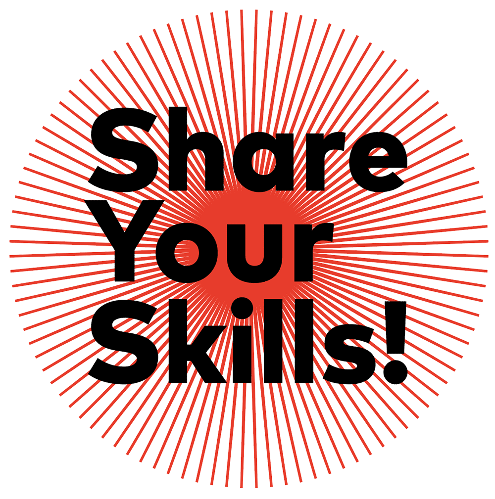 Rote grafische Sonne mit Strahlen auf weißem Hintergrund. Davor ist zu lesen "Share Your Skills!"