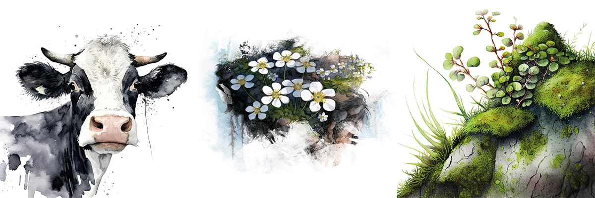 Drei Aquarell Illustrationen von einer Kuh, weißen Blumen und einem moosüberwucherten Stein