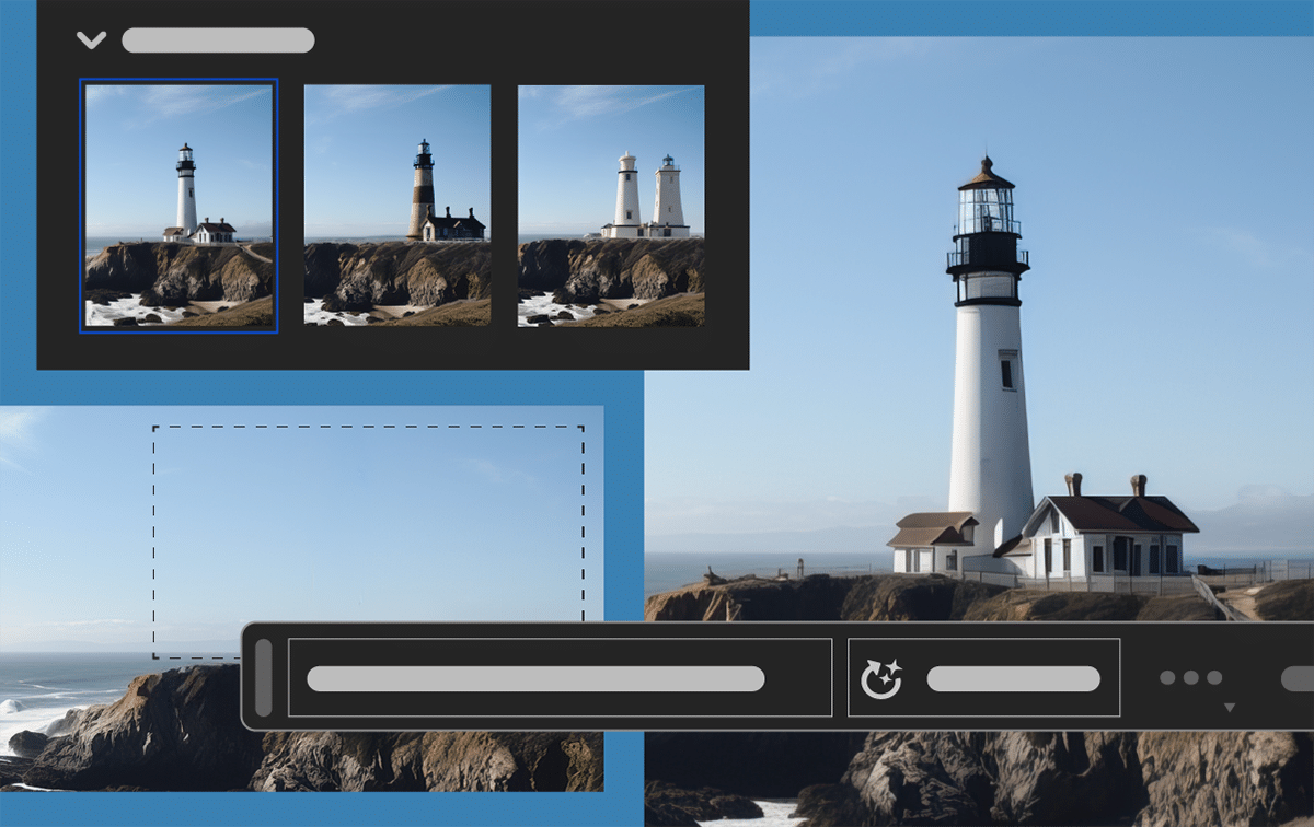 Vorher nachher Bilder, die die Funktion des generative Fill in Photoshop zeigen: Eine Klimme wird so retuschiert, dass ein Leuchtturm erscheint. es gibt drei Bilder zur Auswahl