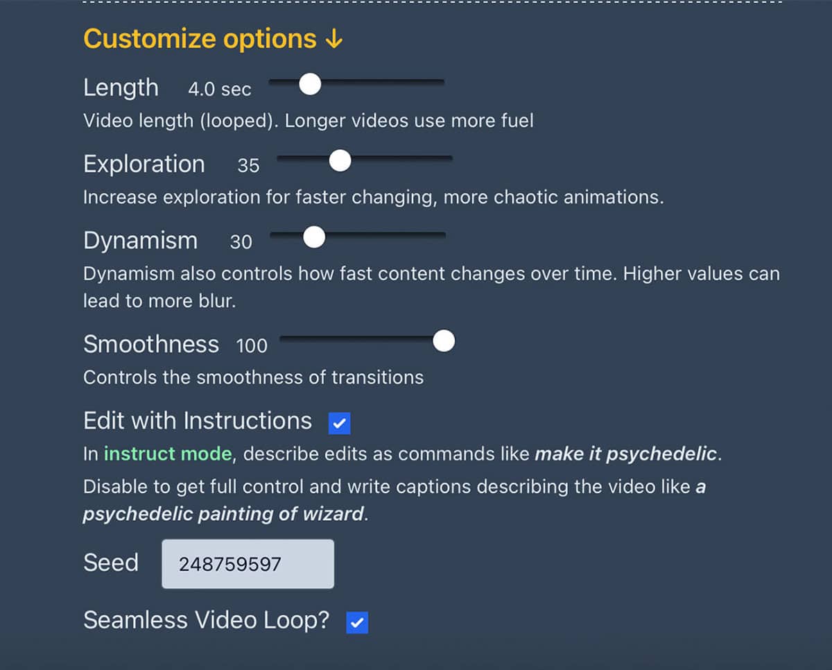 Ein Screenshot aus der Genmo Ai zeigt die verschiedenen Einstellungsmöglichkeiten, darunter Videolänge, Smoothness und Dynamik