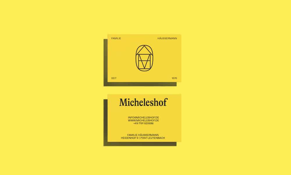 Neue Identity für den traditionellen Bauernhof und Laden Micheleshof von papatom, leuchtend gelbe Businesskarten