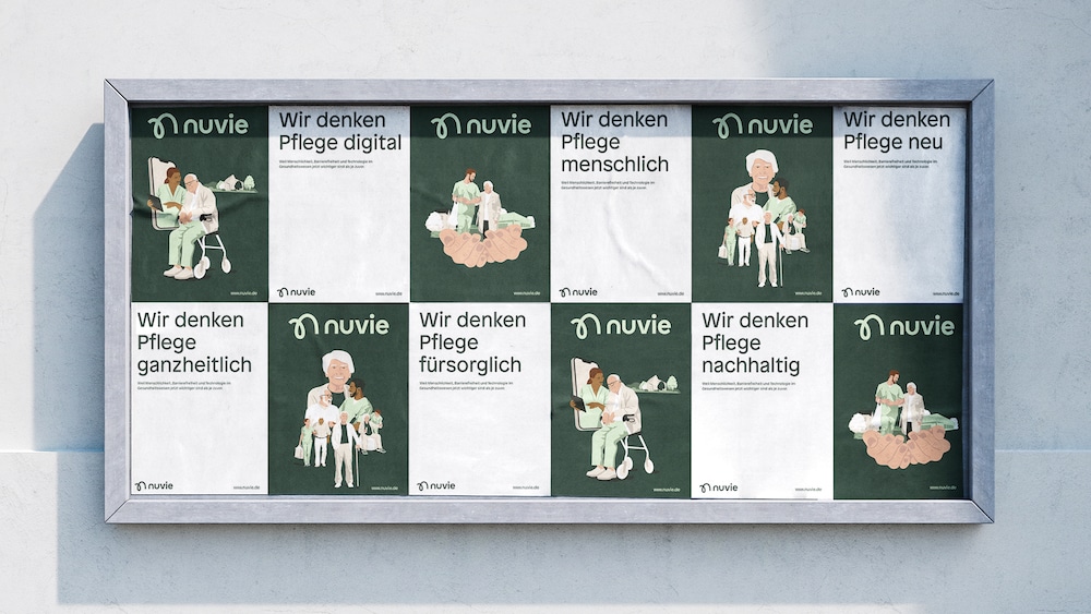 Erscheinungsbild der Frankfurter Agentur Arndt Benedikt für den Pflegedienst nuvie, das auf Plakaten emotionale Illustrationen mit Pfleger:innen und älteren Menschen zeigt