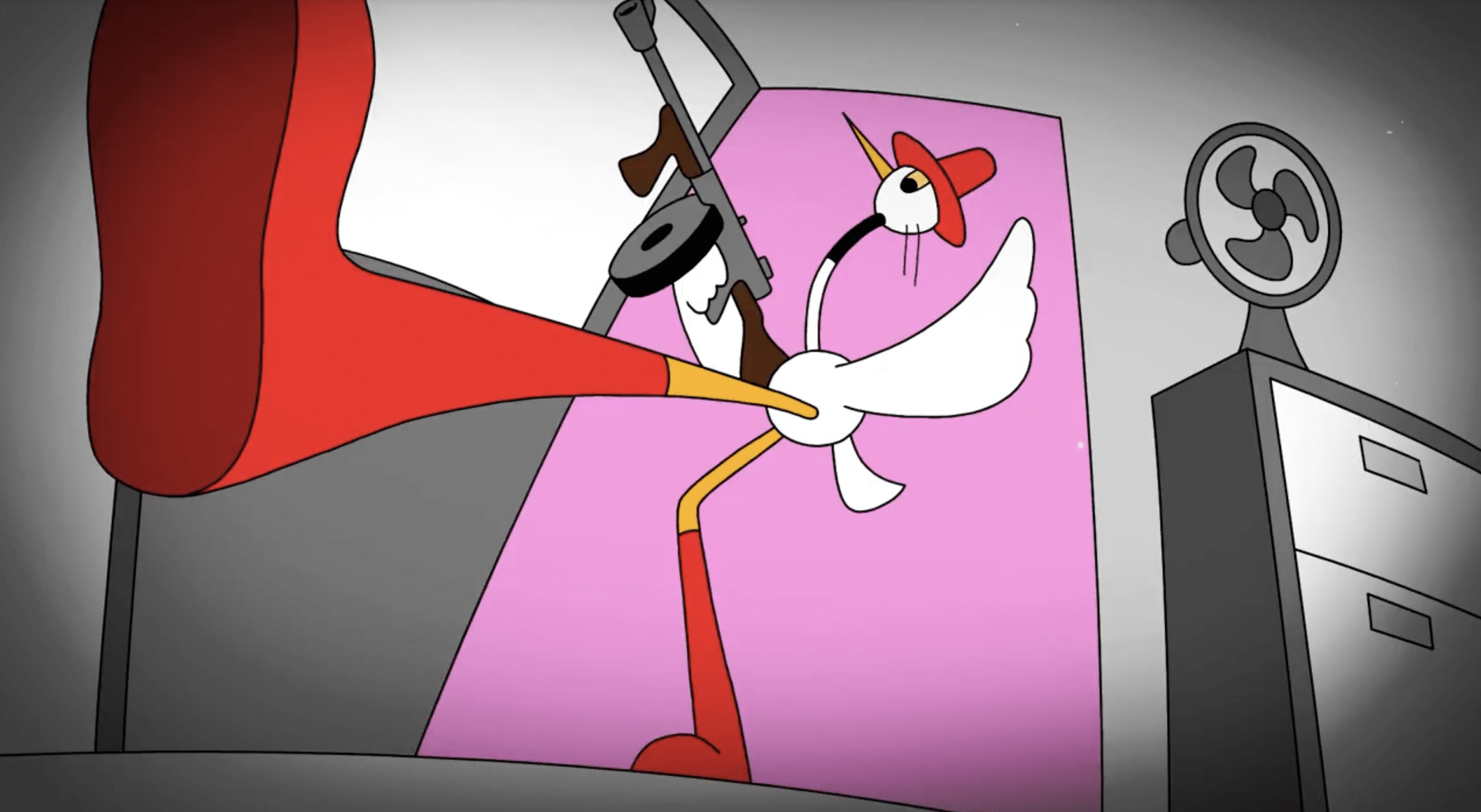 ein Storch mit einer Farbkanone, rotem Hut und stiefeln tritt eine Tür ein