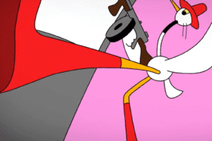 ein Storch mit einer Farbkanone, rotem Hut und stiefeln tritt eine Tür ein