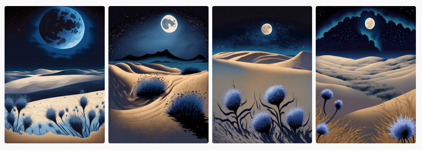 Vier von Adobe Firefly generierte Bilder von einer Sandlandschaft unter einem Nachthimmel mit Mons