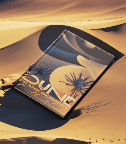 Ein Mockup eines Buches, das in einer Sanddüne liegt