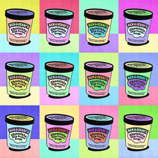 Der Logo Designer Replika_ kombiniert für Ben and Jerry´s Logo Warhols bekannte Campell´s Soup Illustrationen mit leuchtenden Pride-Farben.