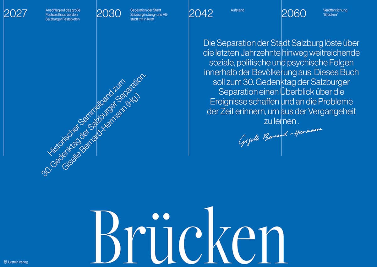 Das Cover des Brücken Buches zeigt den historischen Verlauf der Stadt salzburg bis 2060