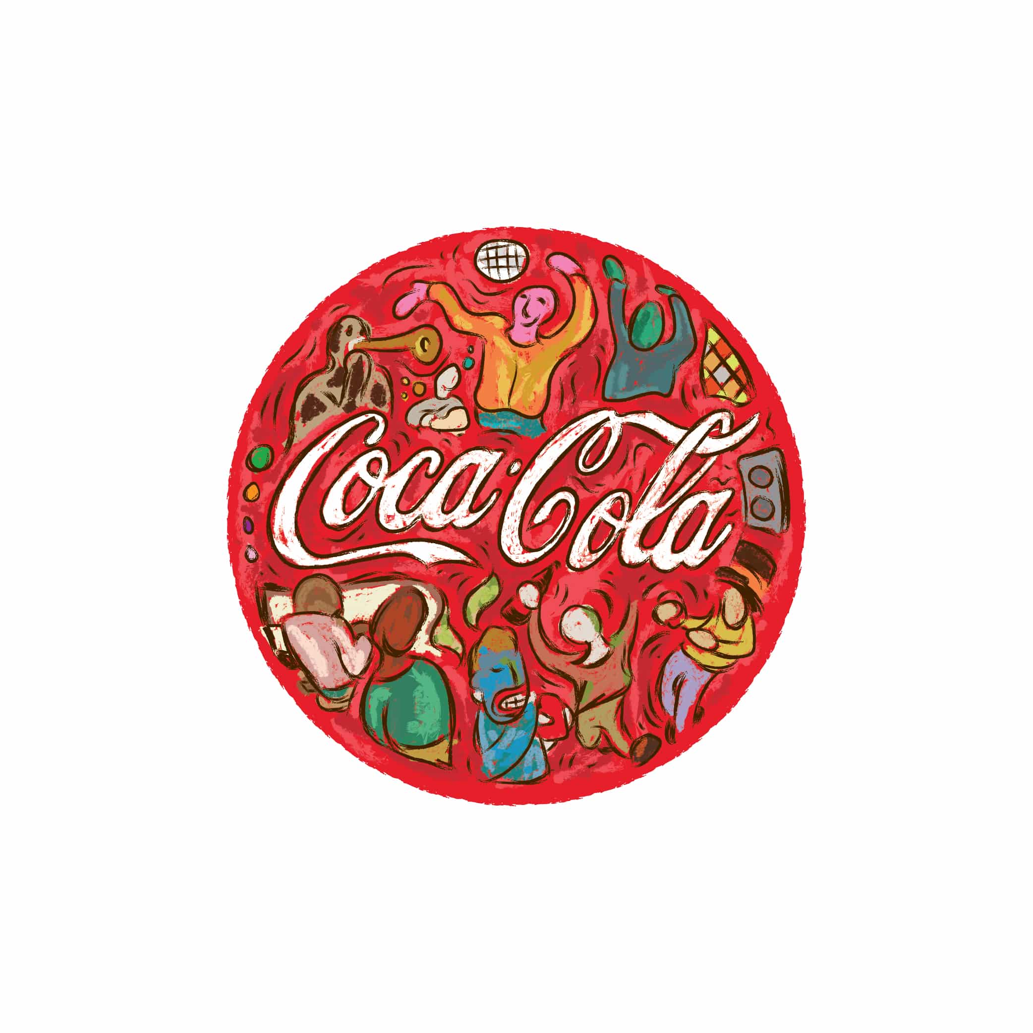 Für die 99designs Challenge illustrierte der Designer Glerm Rubini das Cocoa Cola Logo von Hand mit verschiedenen Figuren in Delaneys Stil. 