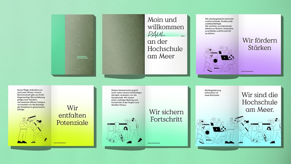Redesign von Eiga für die Hochschule Bremerhaven mit Farbverläufen und Sonnenaufgängen, Illustrationen des Hochschullebens