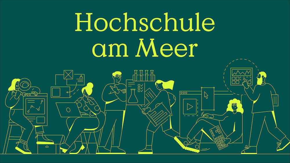Redesign von Eiga für die Hochschule Bremerhaven mit Farbverläufen und Sonnenaufgängen, Illustrationen des Hochschullebens