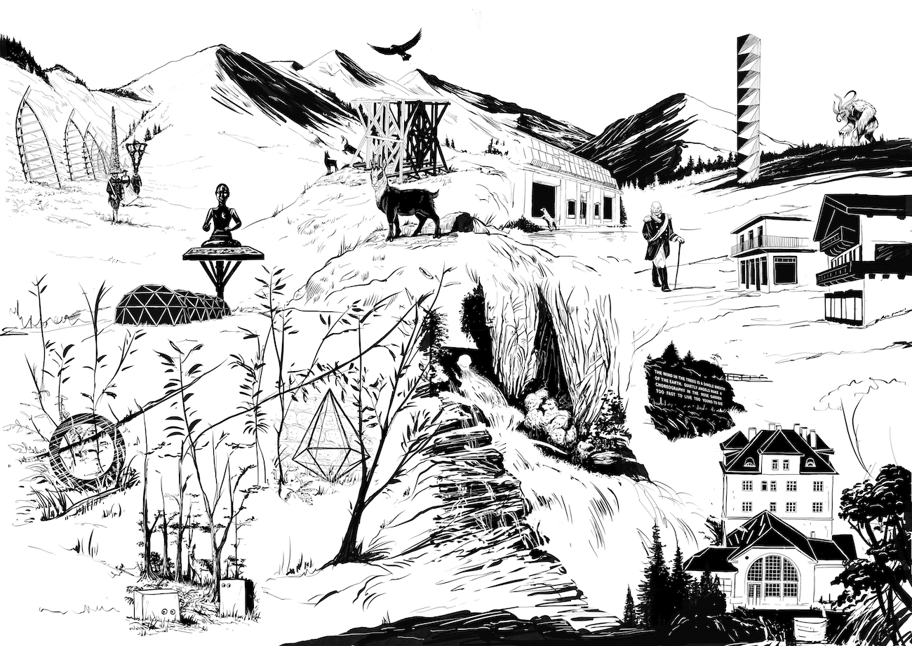Schwarzweiß illustrierte Kunststationen in alpiner Landschaft des Festivals in Bad Gastein