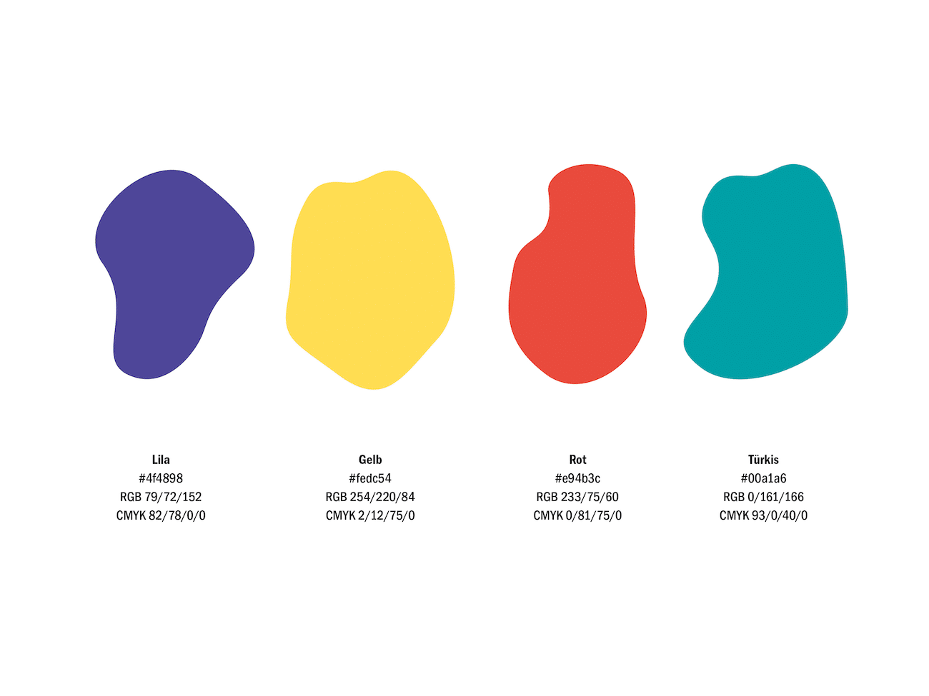 Vier Corporate Colors des Kongress Interventionale Eins (lila, gelb, rot, türkis)