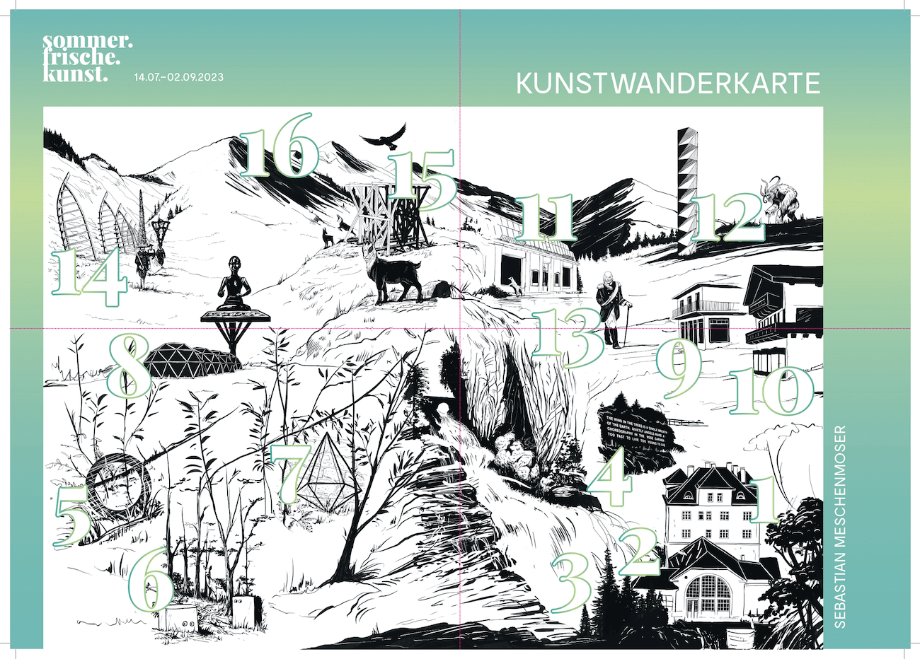 Illustrierte Stationen/Kunstwanderkartendesign von Sebastian Meschenmoser und Kerstin Conradi/Dan Pearlman