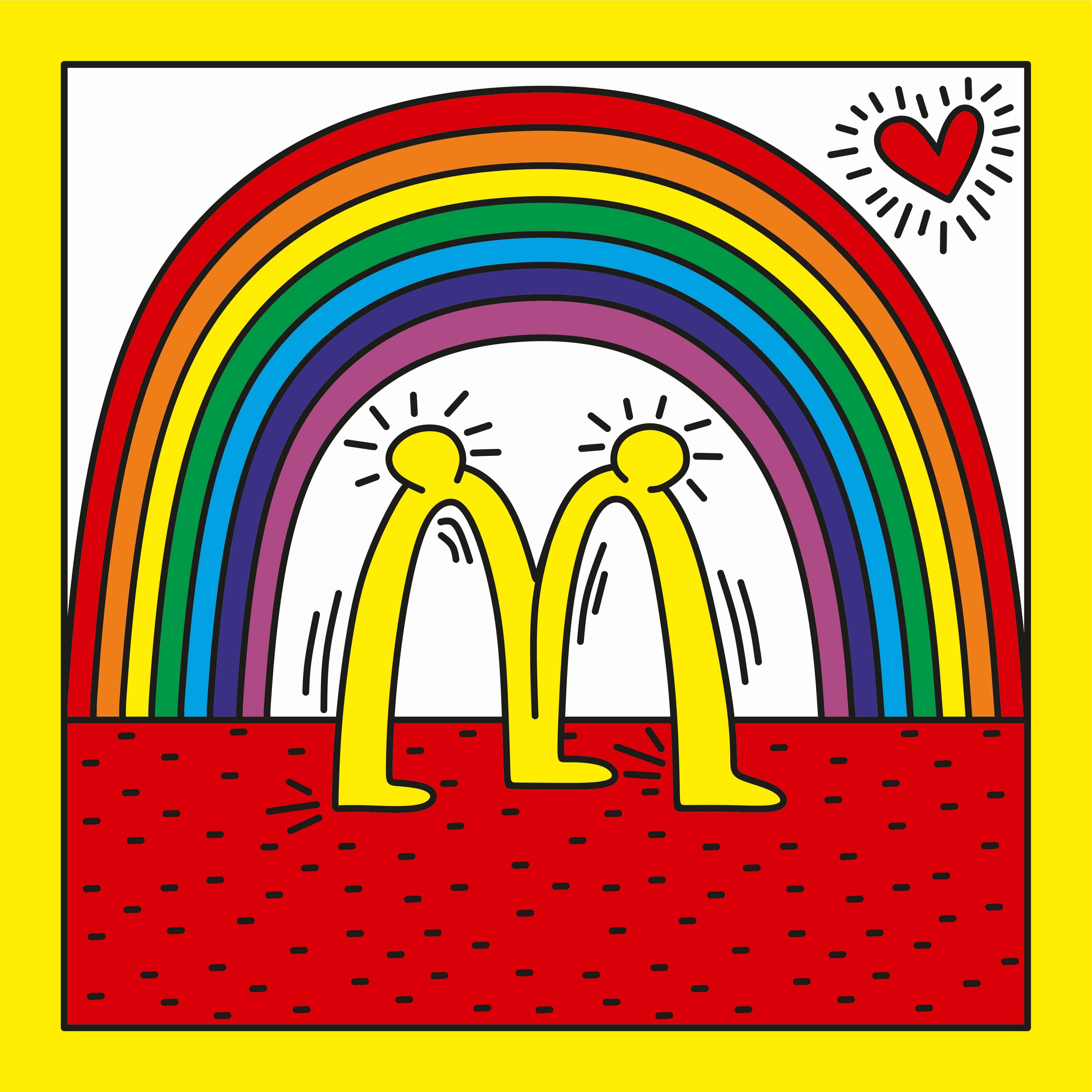 Keith Haring kritisierte mit seinen Arbeiten systemische und gesellschaftliche Probleme. Er lebte als offen schwuler Pop Artist und sensibilisierte in der ersten AIDS-Awareness-Phase für safen Sex. Seinen leuchtend bunten Stil interpretierte Sebastian G. Grupooma im Mc. Donalds Logo neu. 