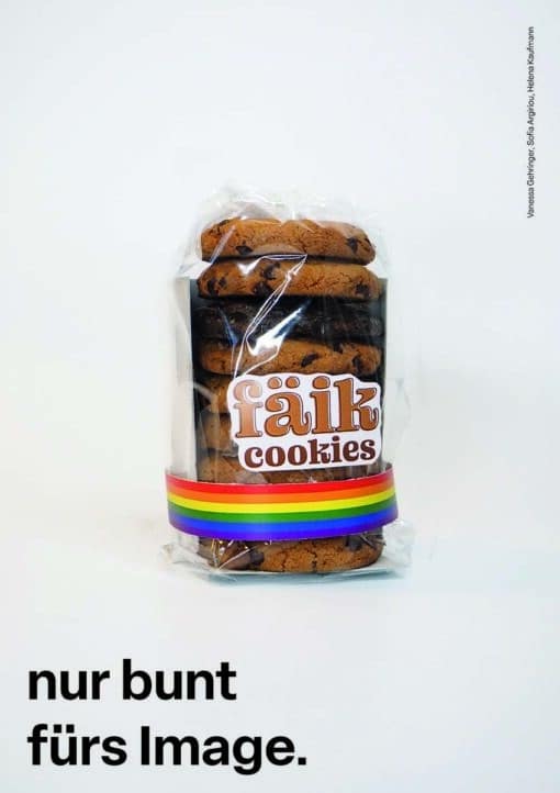 eine Kekspackung für »fair cookies« und dem claim »nur bunt fürs image«