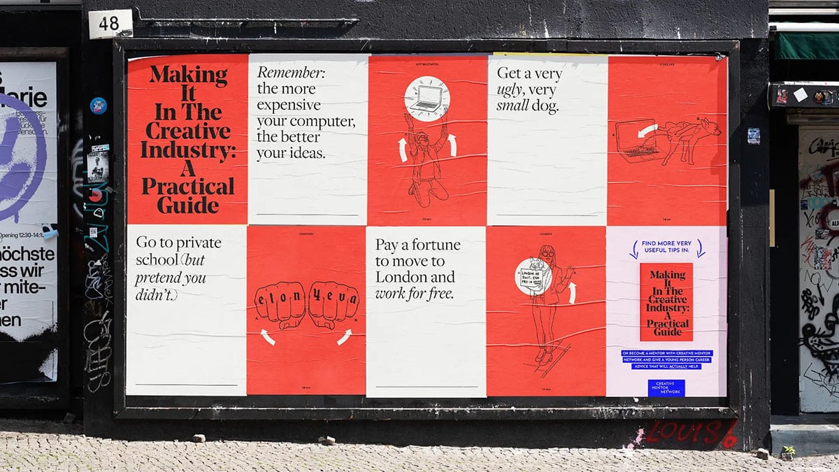 Eine Plakatwand mit abwechselnd weißen und roten Plakaten mit typografischem Design und kleinen Lineare Illustrationen