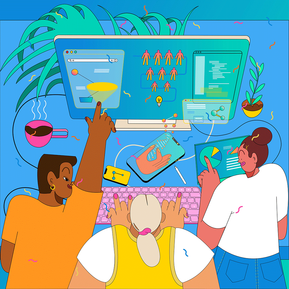 Digitale Illustration von drei Personen, die an einem Social Hackathon teilnehmen und gemeinsam vor einem Computer sitzen