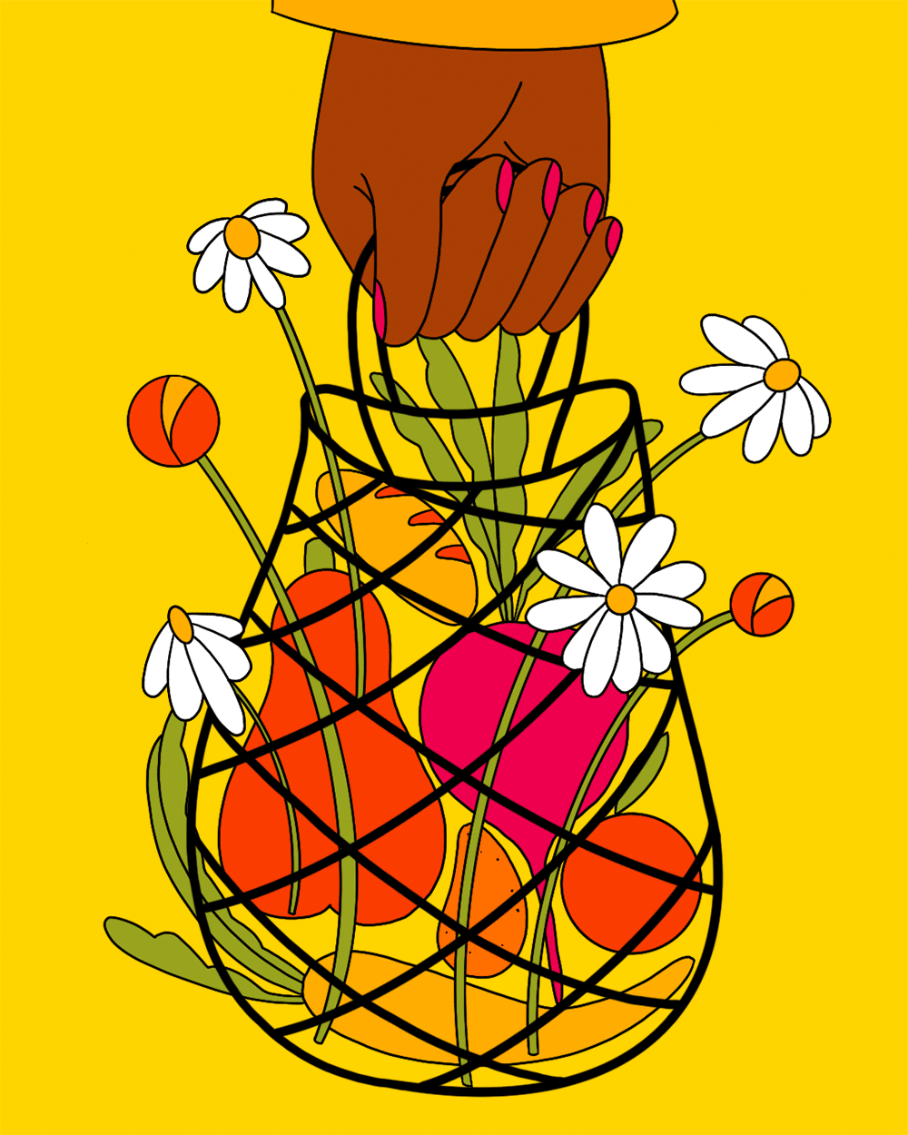 Digitale Illustration einer Hand, die ein Einkaufsnetz mit Obst, Gemüse und Blumen trägt