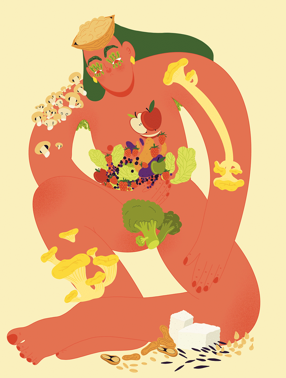 Digitale Illustration einer nackten Person, die über und über mit Obst, Gemüse und Nüssen bedeckt ist.