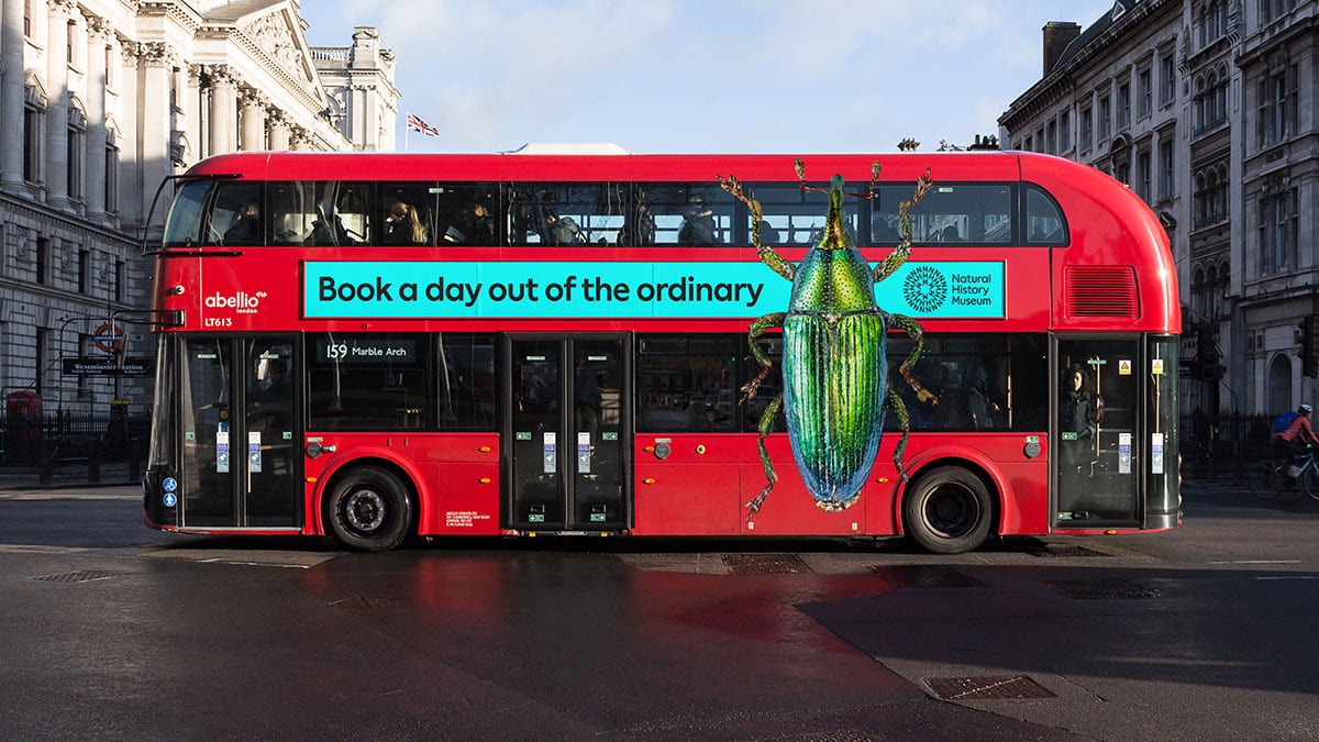 Ein Londoner Stadtbus, der mit einem riesigen Insekt und einer Headline und er neuen Markenschrift bedruckt ist