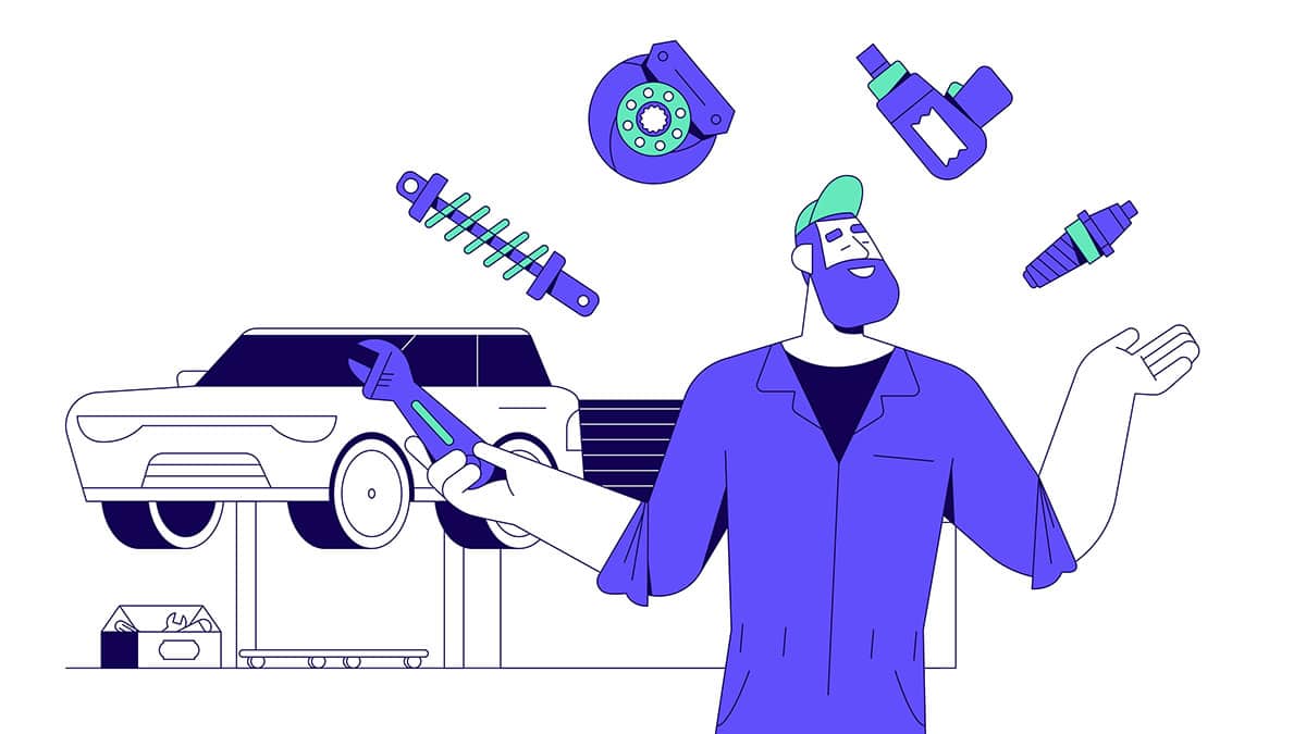 die illustration eines Mechanikers vor einem auto