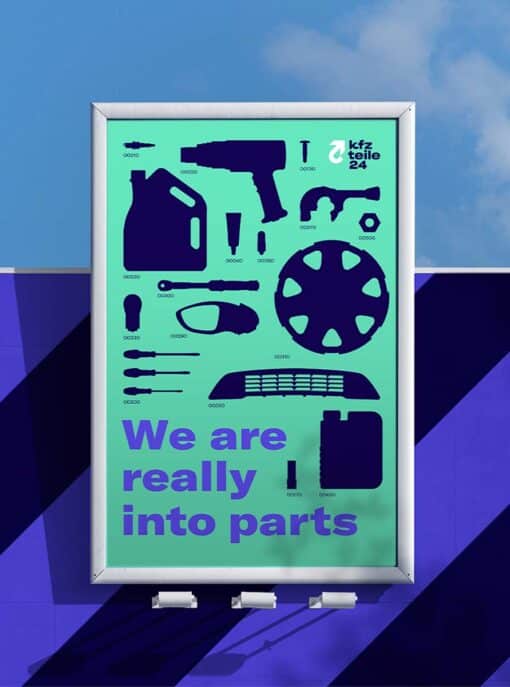 Ein grünes Poster mit dunkelblauen Schattenrissen von verschiedenen Bauteilen und Werkzeug
