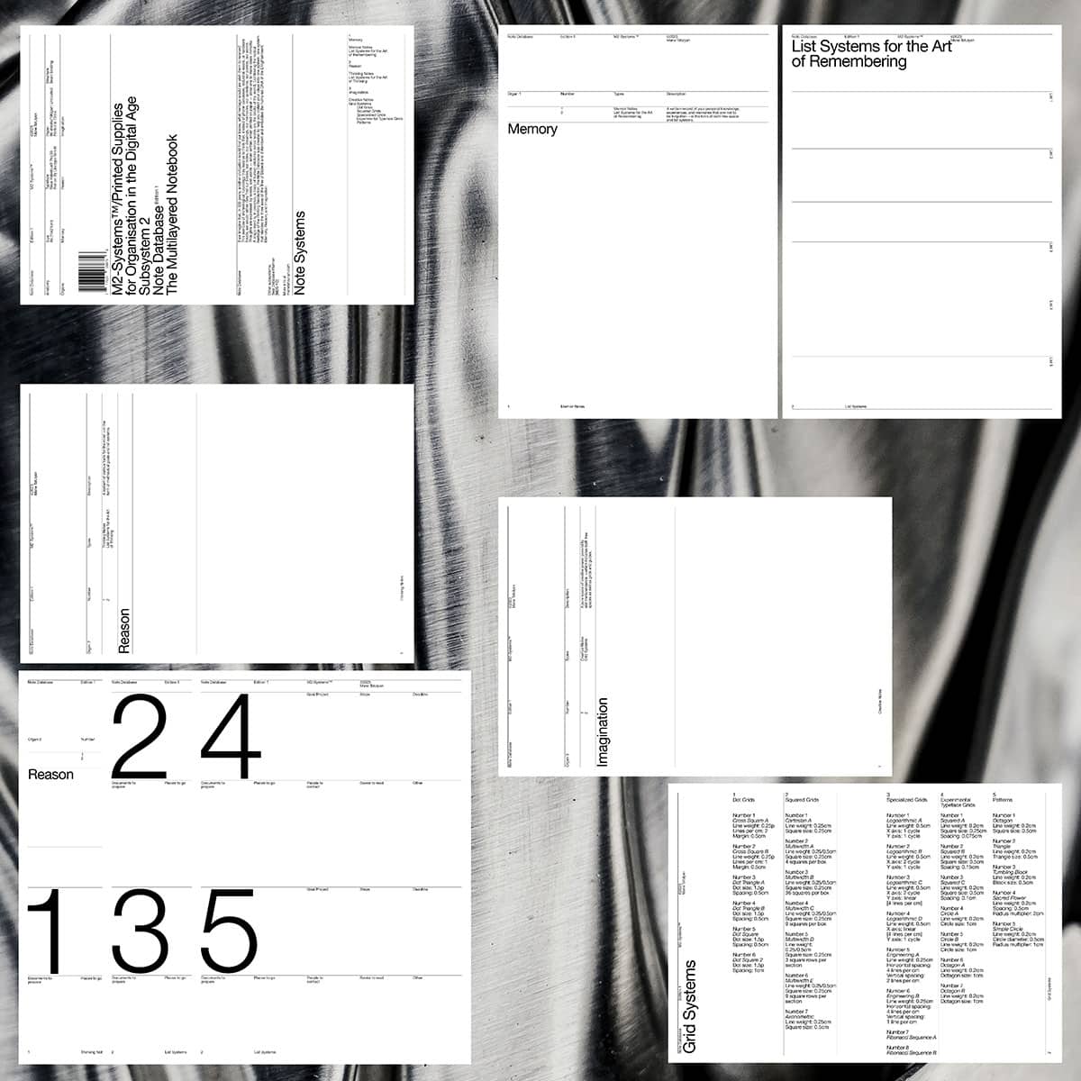 sechs Doppelseiten des Notizbuchs in einer Collage auf reflektierendem silber