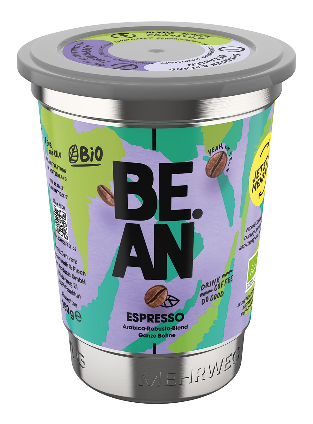 Packaging Design für den Pfandbecher aus Edelstahl für Kaffeebohnen und -pulver "Bean"