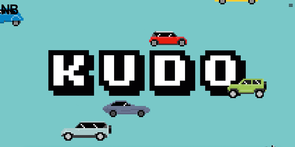 Logotype des Versicherers Kudo mit Pixelautos, entworfen vom Londoner NB Studio 