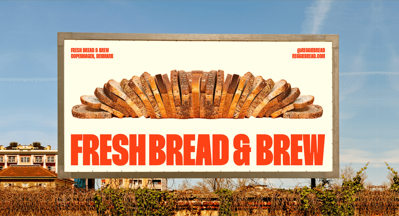 Plakatdesign mit roter Schrift auf Creme, Foto von geschnittenem Brot, Fresh Bread & Brew, Reggie