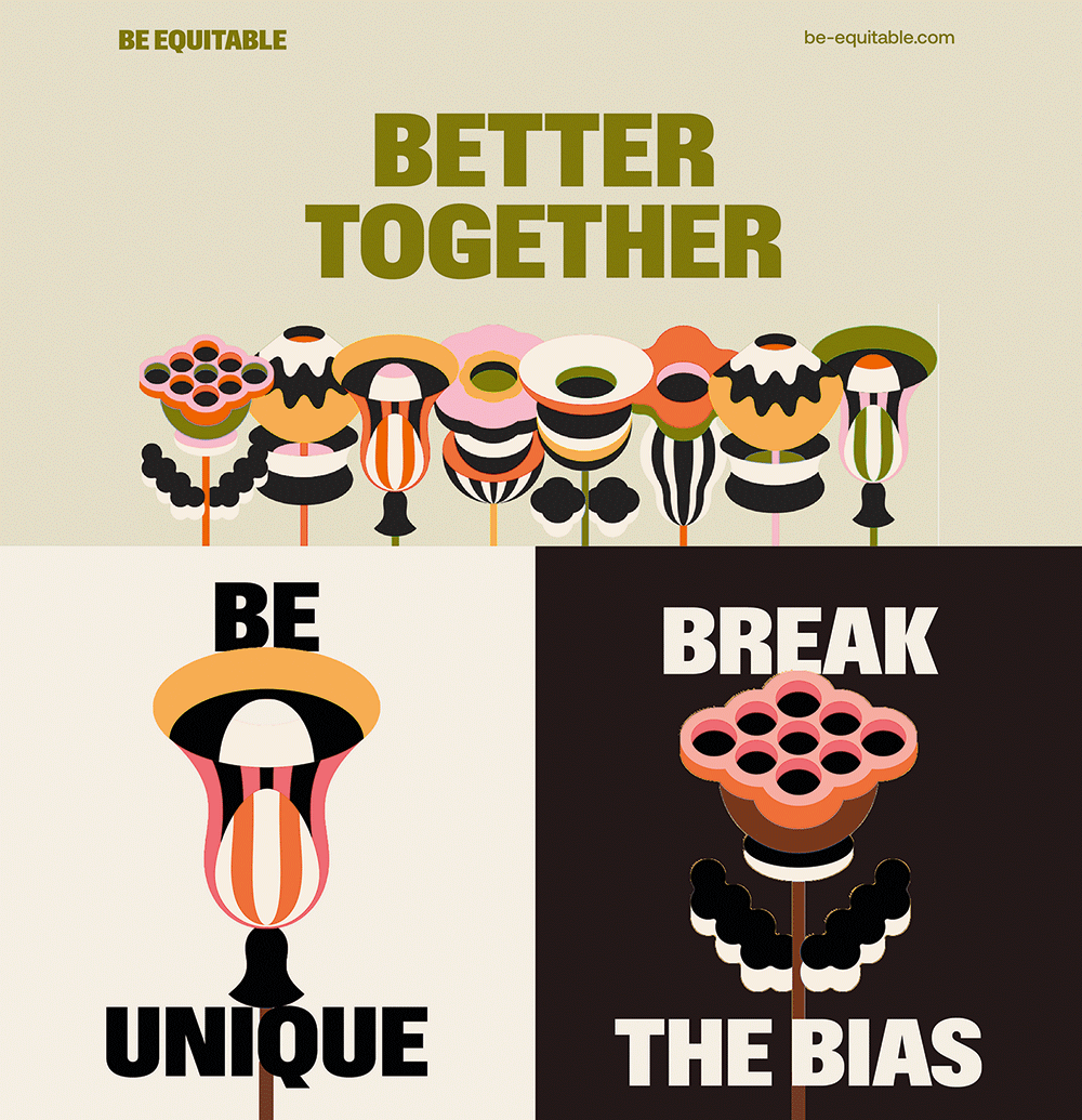 Abgelehnter Vorschlag für das Rebranding von BeEquitable mit Schrift und illustrierten Blumen