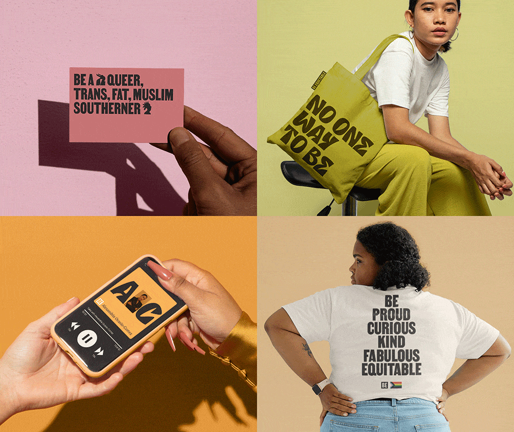 Visitenkarte, Podcastaufmacher, Jutebeutel und T-Shirt im neuen Branding von BeEquitable